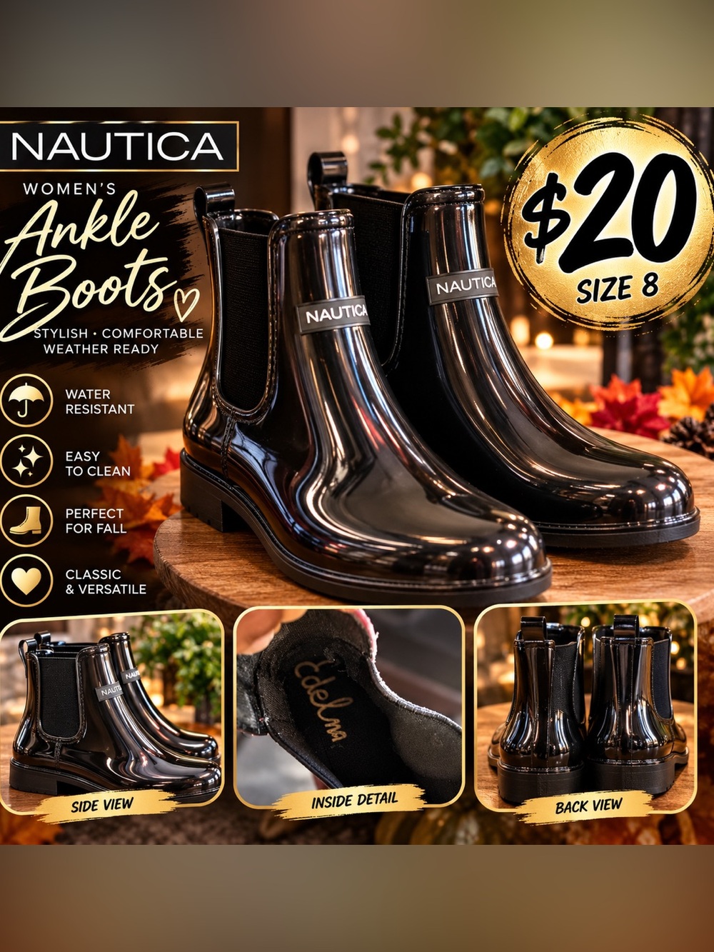 Nautica Shiny Black Chelsea Ankle Rain Booties